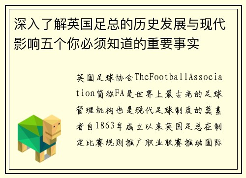深入了解英国足总的历史发展与现代影响五个你必须知道的重要事实 深入了解英国足总的历史发展与现代影响五个你必须知道的重要事实